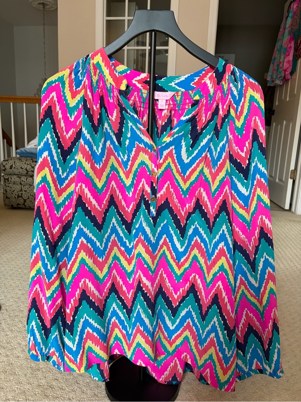 Lilly Pulitzer Multicolor Zigzag Blouse - Pink, Teal & Navy